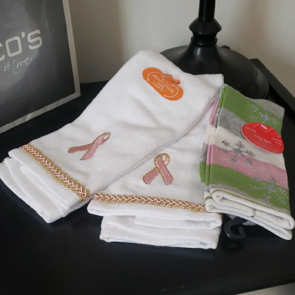 White, Pink & Gold Trim Breast Cancer Pink Ribbon Hand Towel Set & Socks - NWT